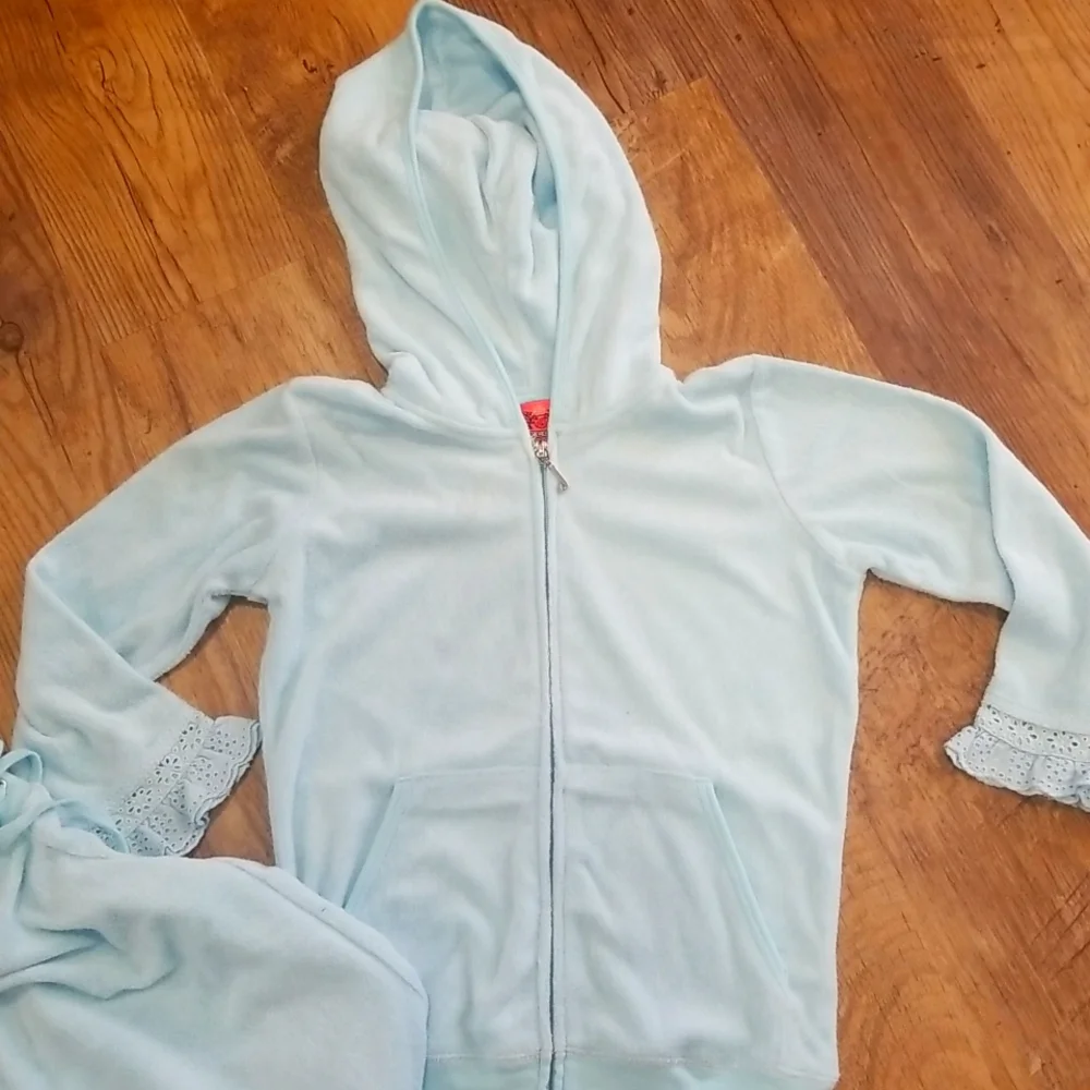 2000s Vintage Juicy Couture Terry Cloth Eyelet Tracksuit Petite Baby Blue - Picture 2 of 7